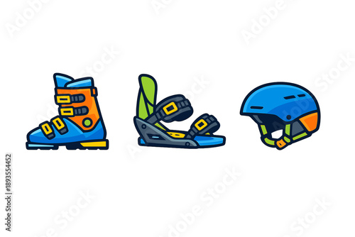Different types of snowboarding gear including boots, bindings, and helmet displayed in a simple arrangement on a white background