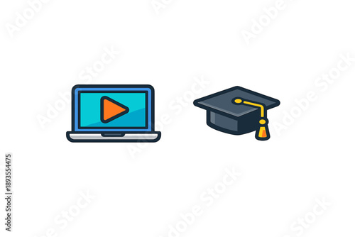Online learning platform shows laptop with play button next to graduation cap representing education and digital courses