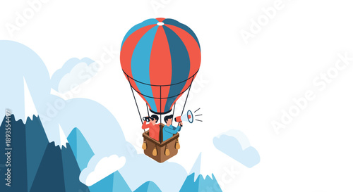 Isometric illustration of a team in a hot air balloon flying over mountains, with one person making an announcement with a megaphone.