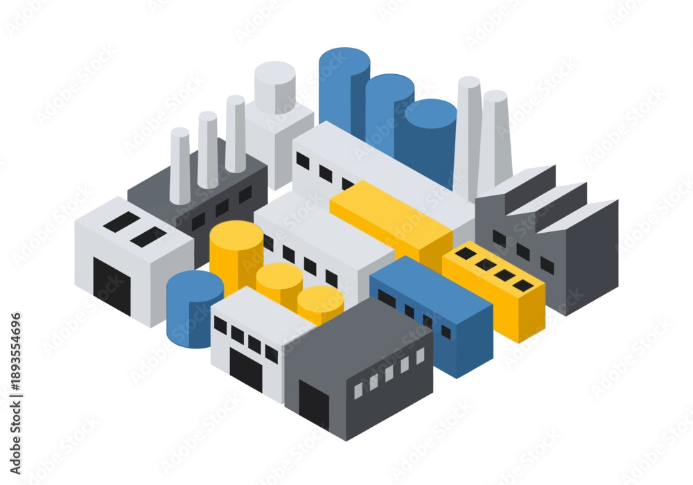 Fototapeta premium Isometric illustration of an industrial complex with buildings and smokestacks from an aerial viewpoint
