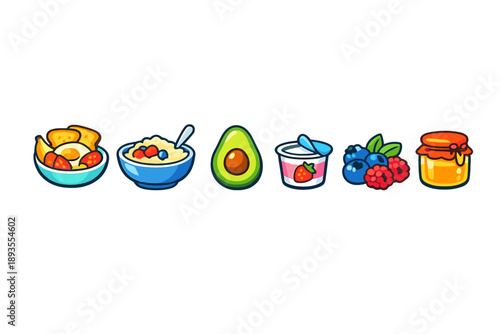 Colorful display of healthy foods with fruits, yogurt, and honey arranged in a line against a simple background showing their shapes and colors clearly