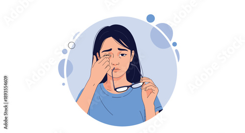 A woman with glasses rubbing her tired, itchy eyes, suffering from eye strain, fatigue, or an allergic reaction.