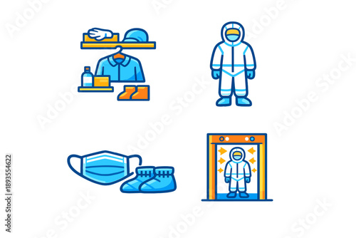 Different items and tools for safety including protective clothing, masks, and cleaning supplies taken in a workplace setting focused on health and safety measures