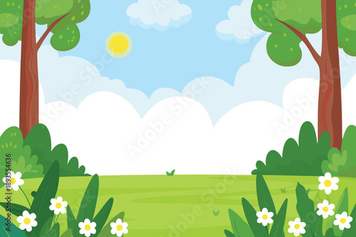 A vibrant cartoon illustration depicts a sunny forest scene with lush greenery high quality