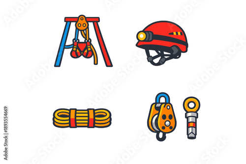 Equipment used for climbing and outdoor activities displayed in a simple layout on a white background at a workshop or training site