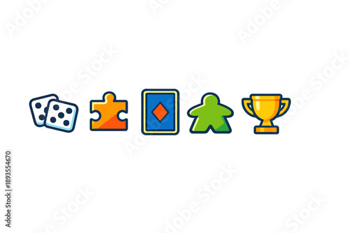 Various game pieces and symbols are shown together on a plain background, highlighting the fun and competitive nature of board games played among friends and family