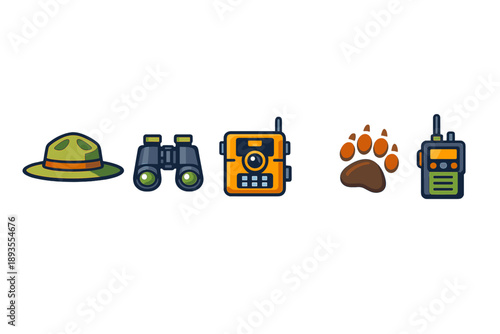 Nature exploration tools on a table with a hat, binoculars, radio, paw print, and walkie-talkie during daylight