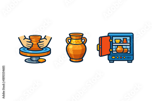 Hands shape clay on a pottery wheel and the finished vase is placed in a kiln for drying with a view of decorative pottery beside it