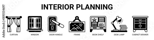 Interior Planning web banner icon vector illustration concept with icon of curtain, window, door handle, frame, book shelf, desk lamp, and cabinet drawer.