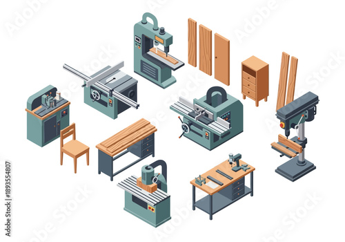 Various woodworking machinery and tools arranged in a workshop setting viewed from above