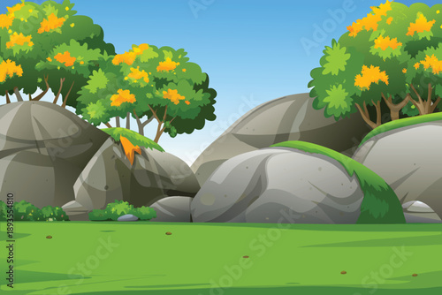 A vibrant landscape features large rocks lush greenery and blossoming trees high quality professional