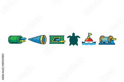 Underwater scene showing various activities for ocean conservation with tools and animals involved in saving marine life