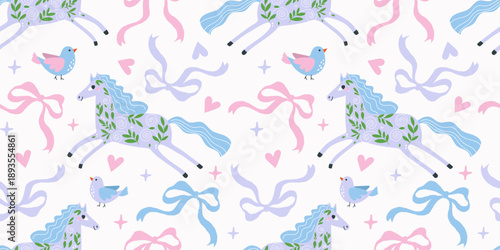 Seamless pattern with cute folk horse, ribbon bow and  bird in gentle pastel colors. Playful hand drawn flat illustration for kid fabric, wrapping paper, wallpaper and decorative surface design