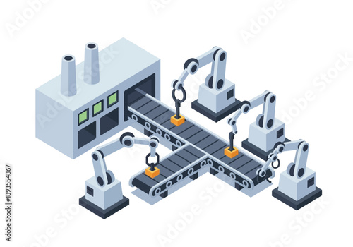 Industrial robots working together on assembly line in factory setting from isometric viewpoint