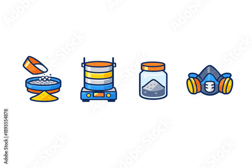 Various equipment used for mixing and handling powders in a laboratory environment during a work process