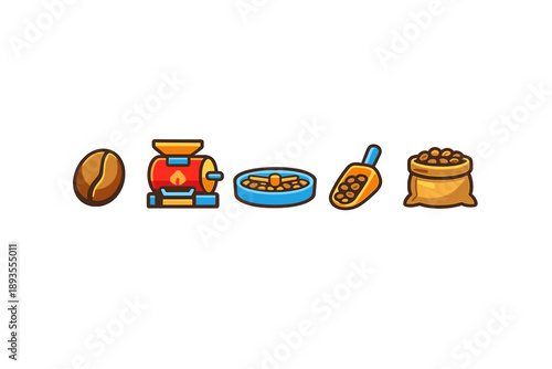 Different stages of coffee processing from bean to bag including roasting and grinding at a coffee workshop