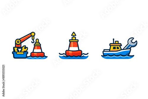 Work on buoys and boats in a harbor setting with equipment engaged in activities on the water