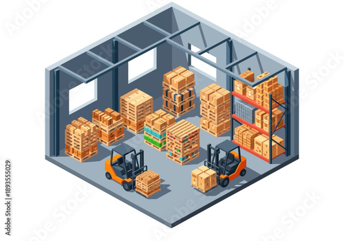 Warehouse storage facility with forklifts loading and unloading crates from shelves in an industrial setting