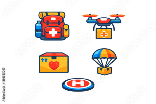 Icons showing medical supplies, drone delivery, and parachute drop to support emergency response in various situations