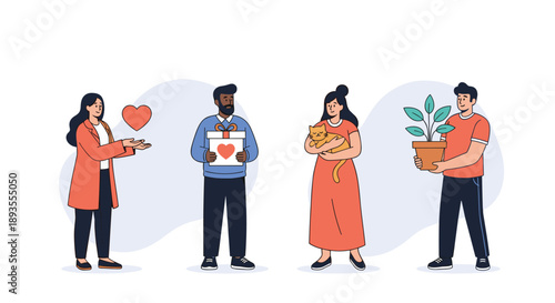 A diverse group of people expressing kindness and love by giving a heart, a gift, a cat, and a plant.