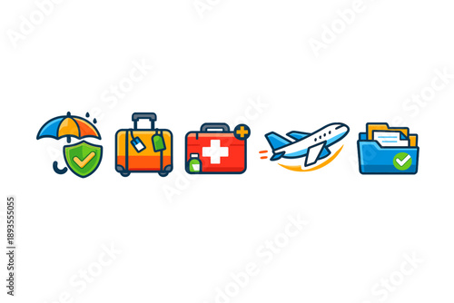 Checklist for travel essentials including luggage, travel insurance, first aid kit, airplane, and documents arranged in a sequence suitable for preparing a trip