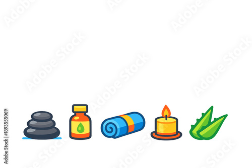 Spa essentials including stones, oil, towel, candle, and aloe vera for relaxation and self-care