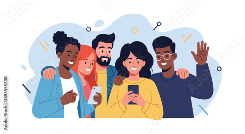 A happy and diverse group of young friends standing together, smiling and socializing, representing friendship and community.