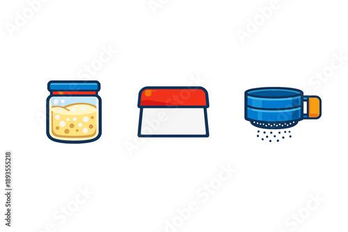 Various kitchen items are shown with a jar of yeast, a container for flour, and a sifter for cooking activities in a home kitchen setting