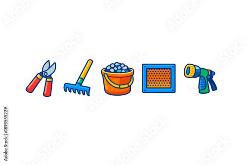 Gardening tools and supplies laid out in a row for yard work tasks on a sunny day in the backyard