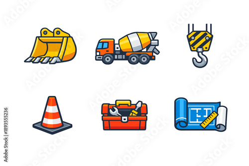 Construction tools and equipment are shown together on a plain background to represent the building process and tools required at job sites