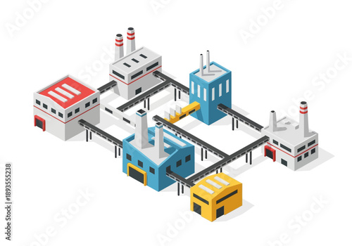 Industrial facility illustration with buildings, machinery, and transportation systems in a factory setting from an aerial viewpoint