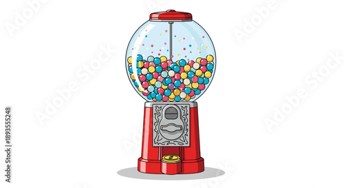 A retro red gumball machine filled with a variety of colorful, round bubble gum candies, isolated on a white background.