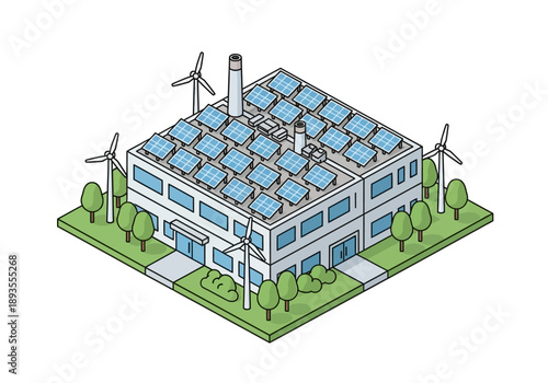 Sustainable building with solar panels and wind turbines on rooftop, surrounded by trees, in a serene landscape, viewed from above
