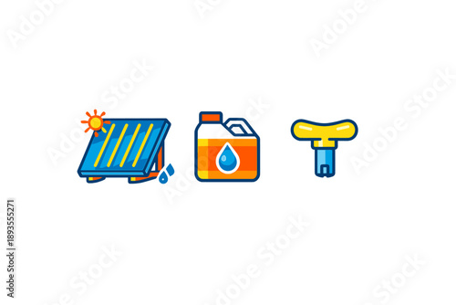 Icons show solar panels, fuel can, and bike seat for energy, transportation, and equipment use in daily activities outdoors