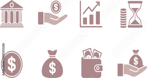 A set of muted brown finance icons displays a bank building, growing chart, hourglass, and hands.