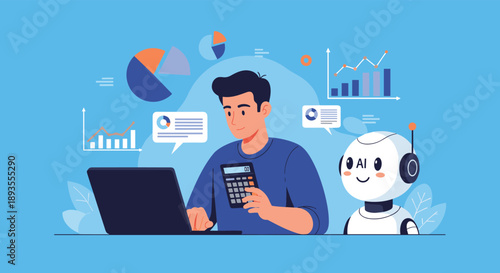 A man using an AI robot assistant and a calculator to help with financial analysis and accounting tasks on his laptop.