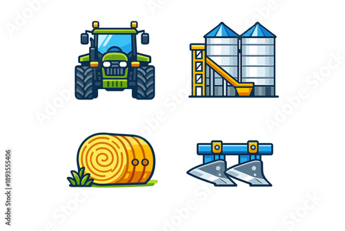 Farm equipment includes tractor, grain silos, hay bale, and farming tools in a simple illustration for agricultural use