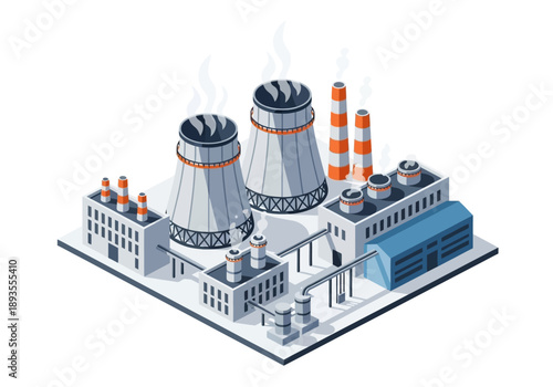 Isometric illustration of an industrial power plant complex with cooling towers and smokestacks emitting smoke from a top-down viewpoint