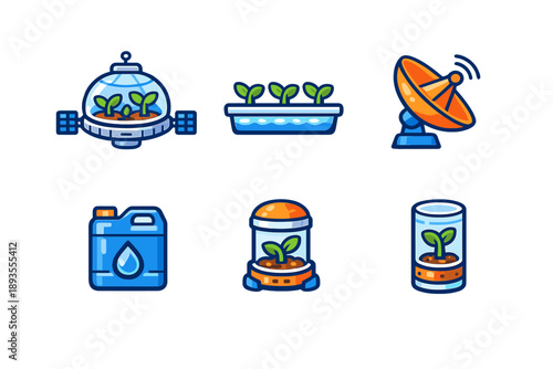 Innovative designs of gardening technology are displayed with various tools and systems for plant growth and monitoring in a modern setting