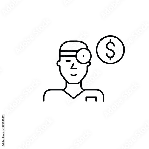 Ear nose throat doctor and dollar. Medical service cost, healthcare payment, consultation expense. Pixel perfect, editable stroke vector icon