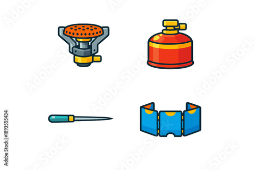 Camping gear includes a camping stove, propane tank, screwdriver, and a portable table as part of outdoor setup for cooking and relaxing in nature
