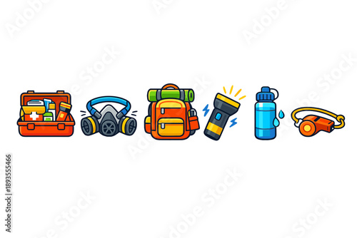 Supplies for outdoor adventure and safety in a campsite setting with essential gear for various activities