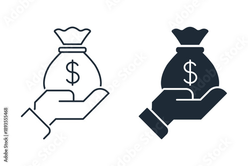 Dollar Bag Hand. Representing finance, money savings,  business investment, payment. Vector linear icon illustration isolated on white background.
