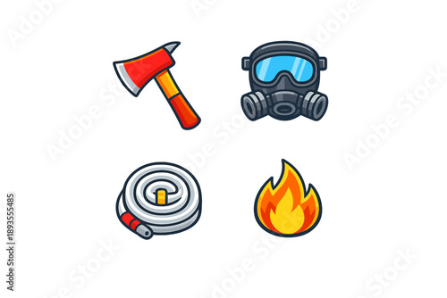 Tools used for firefighting and emergency response displayed together in a simple layout on a white background