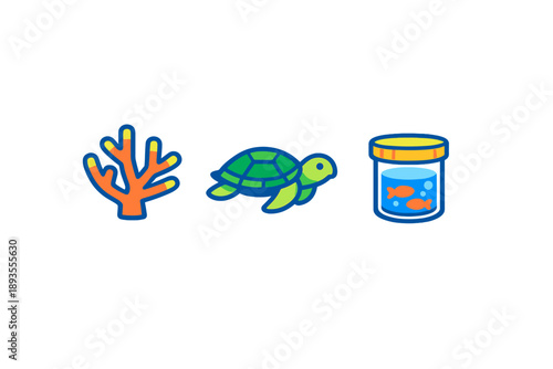 Coral, turtle, and fish tank are displayed together in a colorful design showcasing ocean life and marine creatures