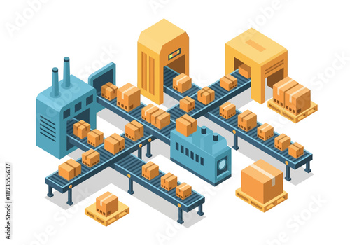 Packages being transported on conveyor belts through a warehouse facility from an aerial viewpoint