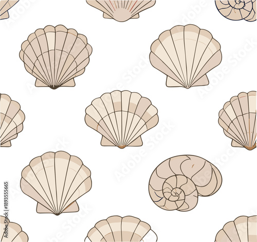 Seamless seashell pattern vector background with beige scallop and nautilus shells for minimal coastal beach design