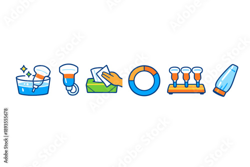 Different tools and steps used in a cleaning task, shown in a sequence, demonstrating the process of cleaning and organizing materials effectively