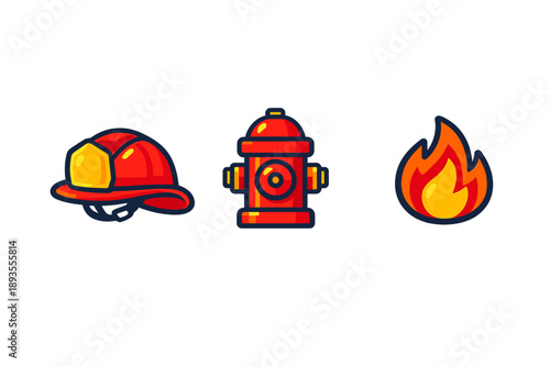 Fire safety symbols show firefighter helmet, fire hydrant, and flame icon in bright colors, representing fire prevention and response in urban settings