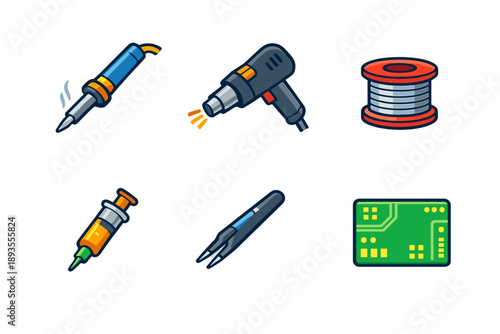 Collection of electronic tools used for soldering and circuit board work at a workshop setting